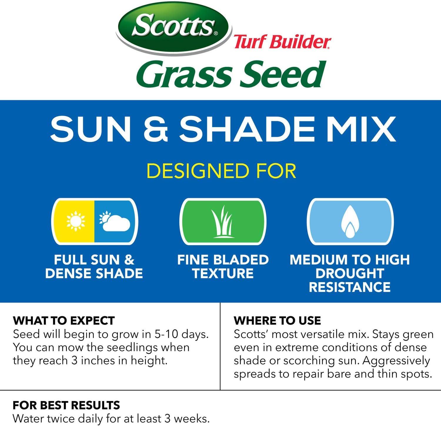 imageScotts Turf Builder Grass Seed Sun ampamp Shade Mix with Fertilizer and Soil Improver Thrives in Many Conditions 32 lbs15 lb
