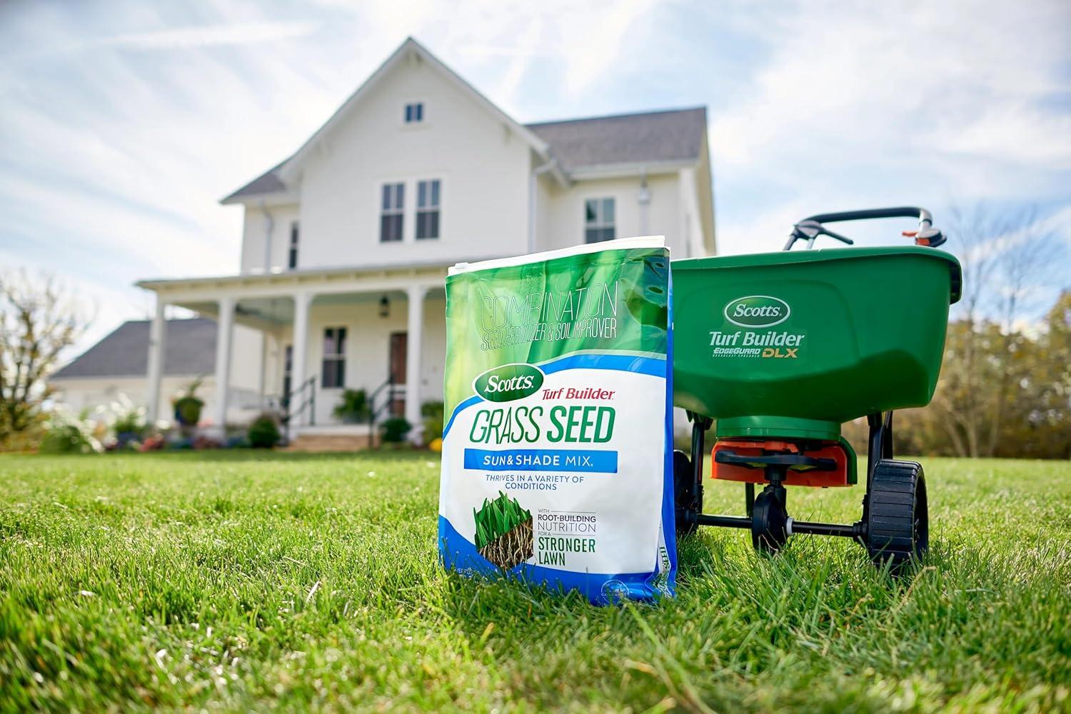 imageScotts Turf Builder Grass Seed Sun ampamp Shade Mix with Fertilizer and Soil Improver Thrives in Many Conditions 32 lbs16 lb