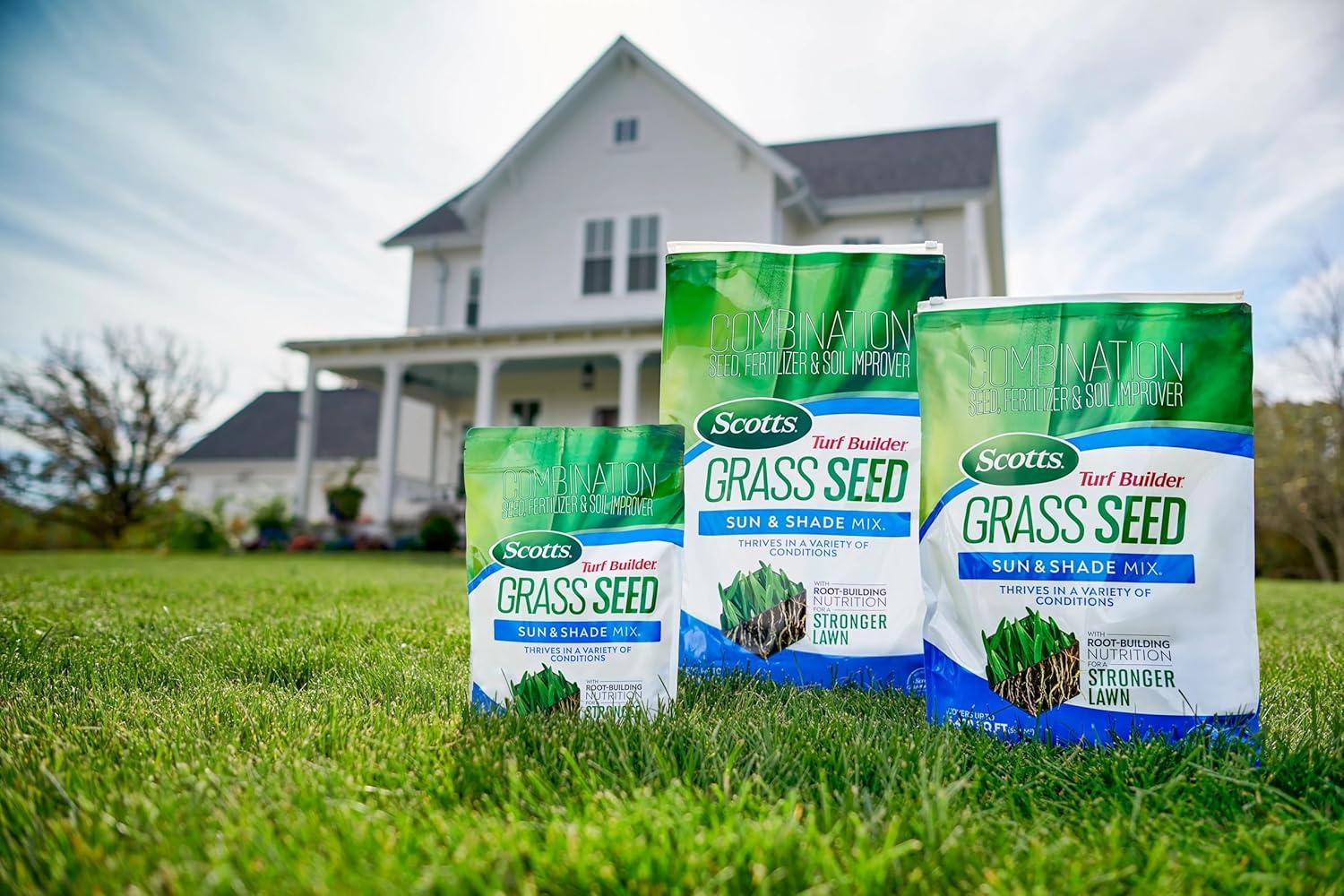 imageScotts Turf Builder Grass Seed Sun ampamp Shade Mix with Fertilizer and Soil Improver Thrives in Many Conditions 32 lbs16 lb