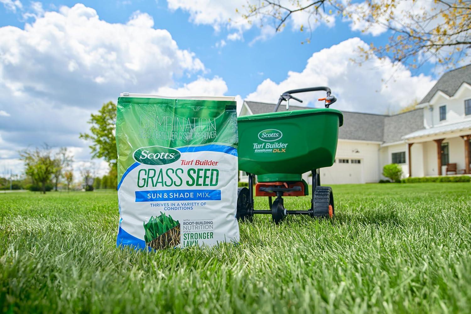 imageScotts Turf Builder Grass Seed Sun ampamp Shade Mix with Fertilizer and Soil Improver Thrives in Many Conditions 32 lbs16 lb