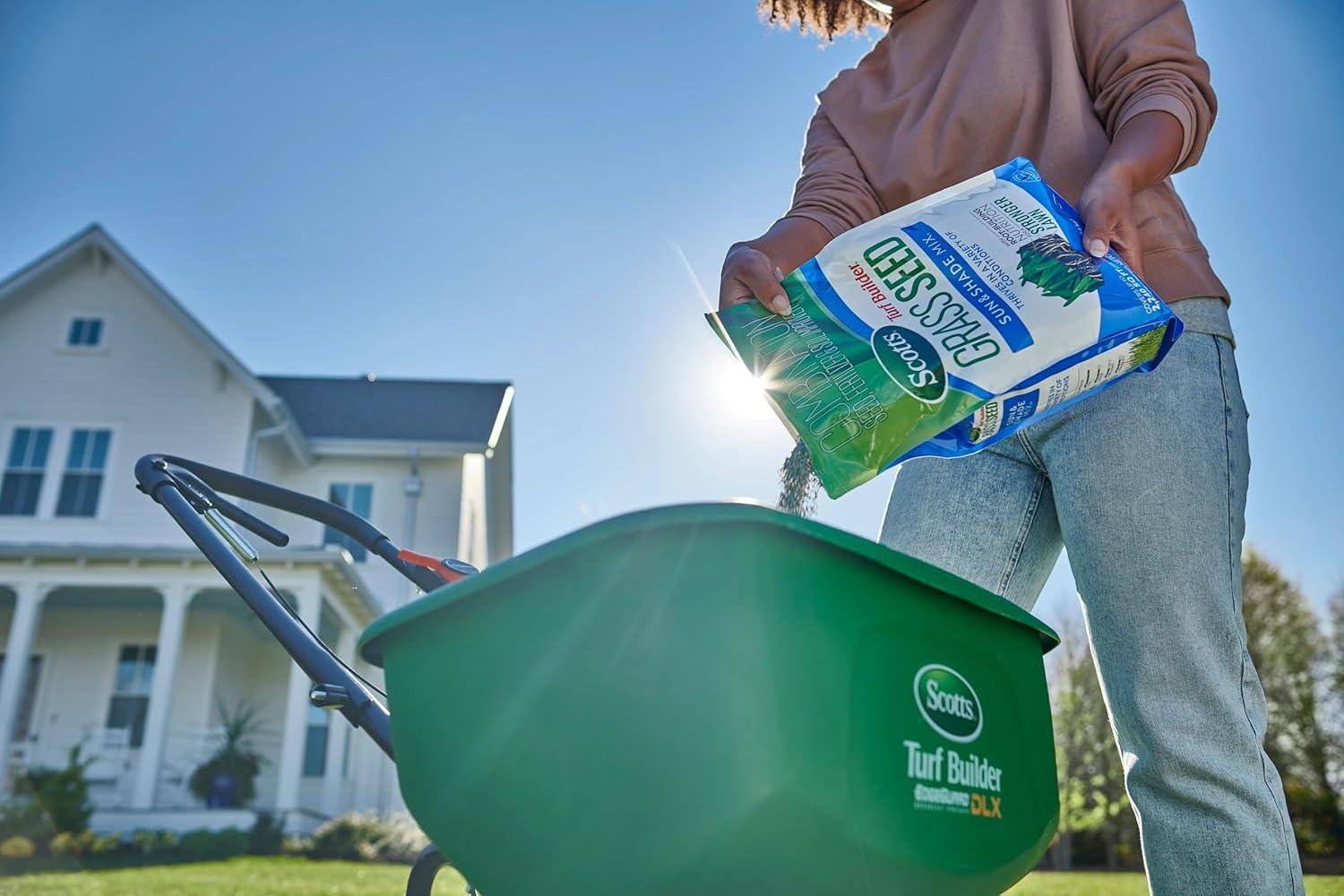 imageScotts Turf Builder Grass Seed Sun ampamp Shade Mix with Fertilizer and Soil Improver Thrives in Many Conditions 32 lbs16 lb