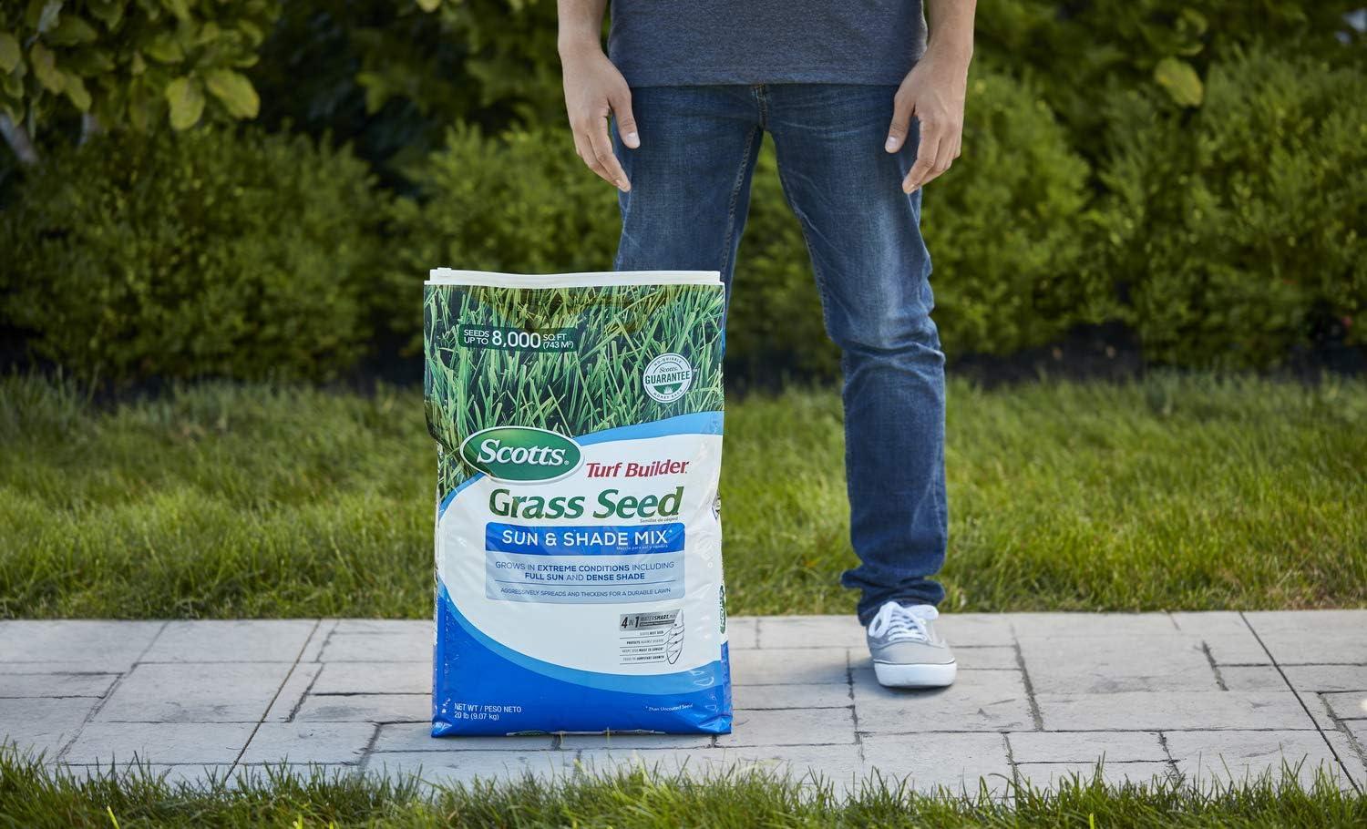 imageScotts Turf Builder Grass Seed Sun ampamp Shade Mix with Fertilizer and Soil Improver Thrives in Many Conditions 32 lbs20 lb