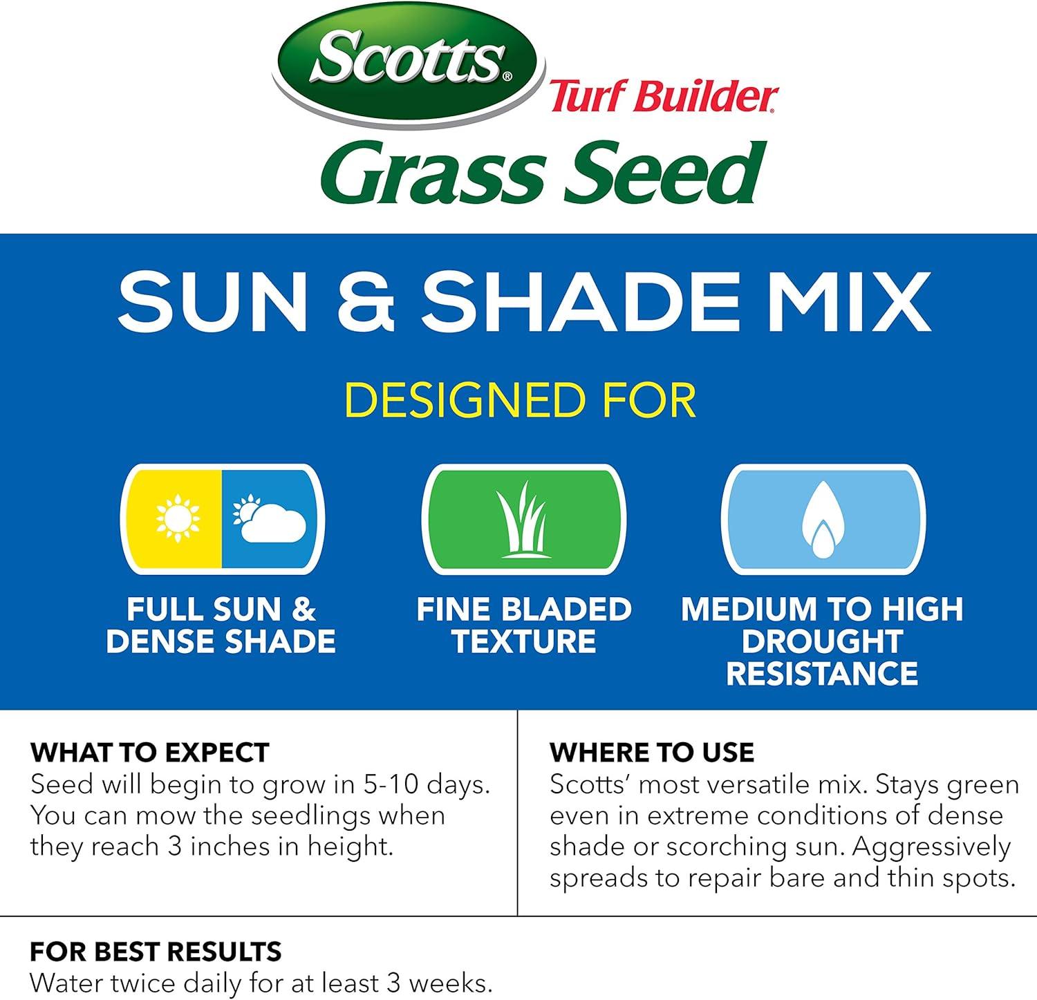 imageScotts Turf Builder Grass Seed Sun ampamp Shade Mix with Fertilizer and Soil Improver Thrives in Many Conditions 32 lbs3 lb