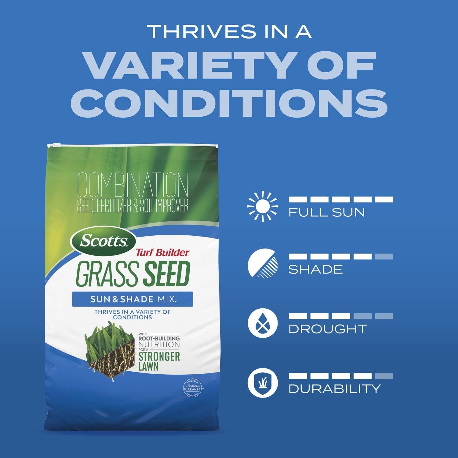 imageScotts Turf Builder Grass Seed Sun ampamp Shade Mix with Fertilizer and Soil Improver Thrives in Many Conditions 32 lbs56 lb