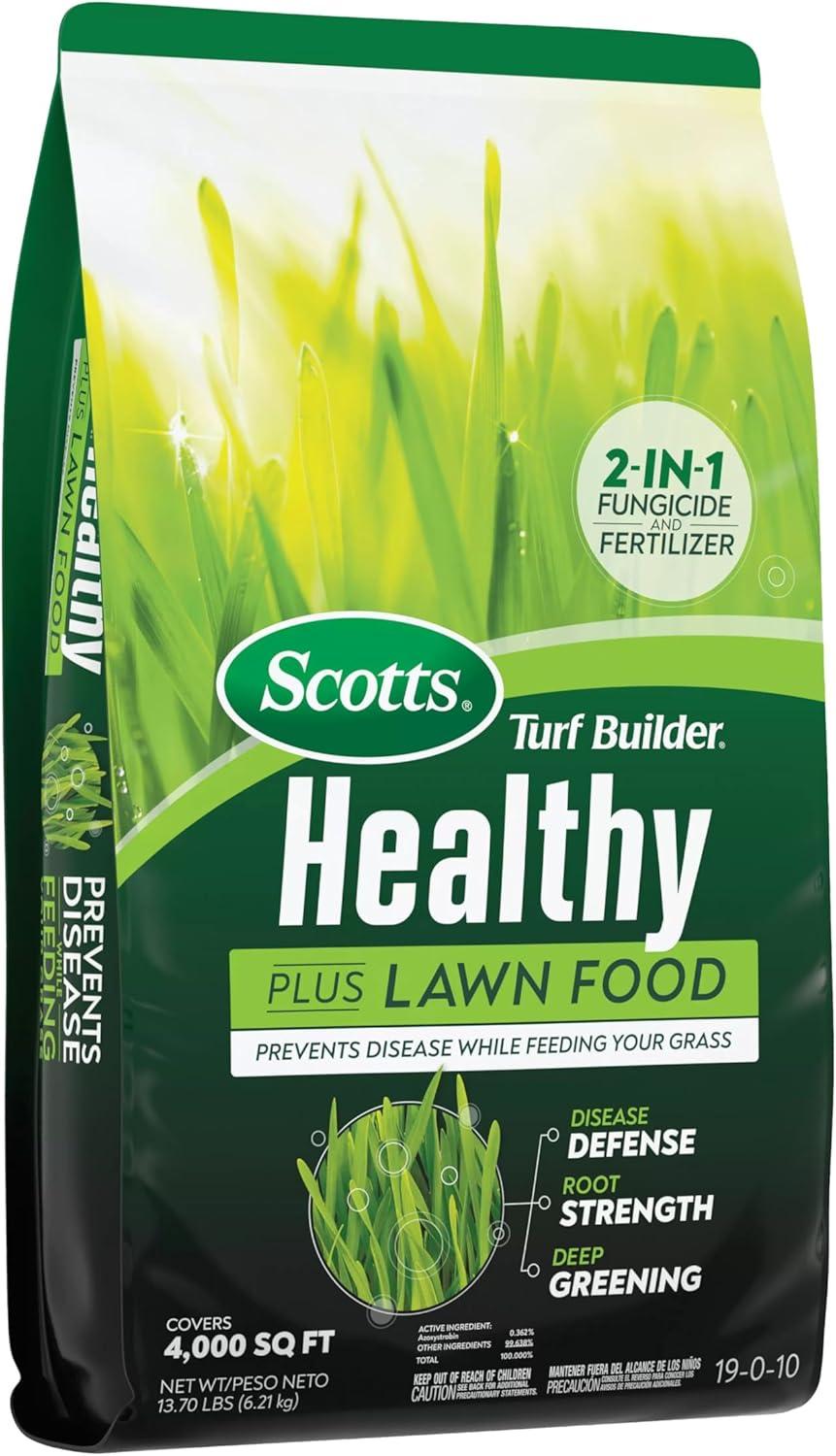 imageScotts Turf Builder Healthy Plus Lawn Food 2in1 Fungicide and Fertilizer Helps Grass Withstand Summer Stress 8000 sq ft 2740 lbs4 000 sq ft