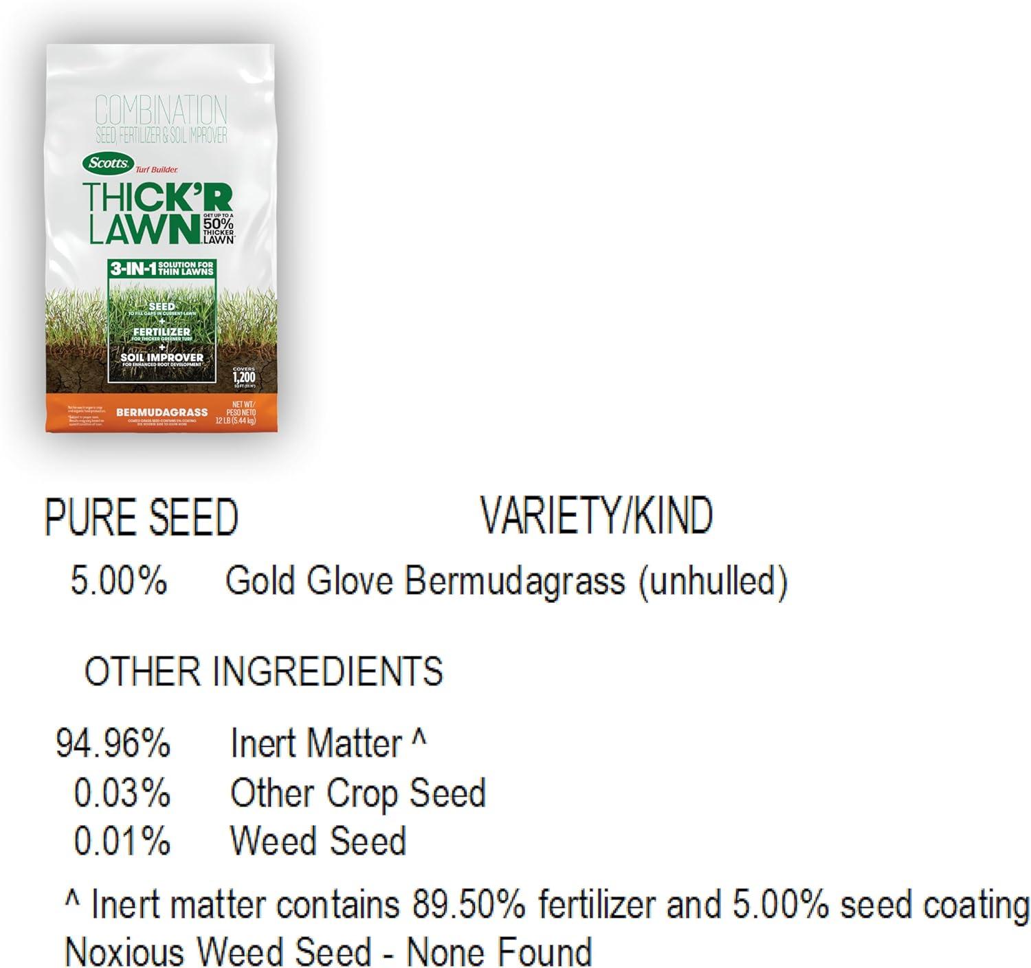 imageScotts Turf Builder THICKR LAWN Grass Seed Fertilizer and Soil Improver for Bermudagrass 1200 sq ft 12 lbs12 lb