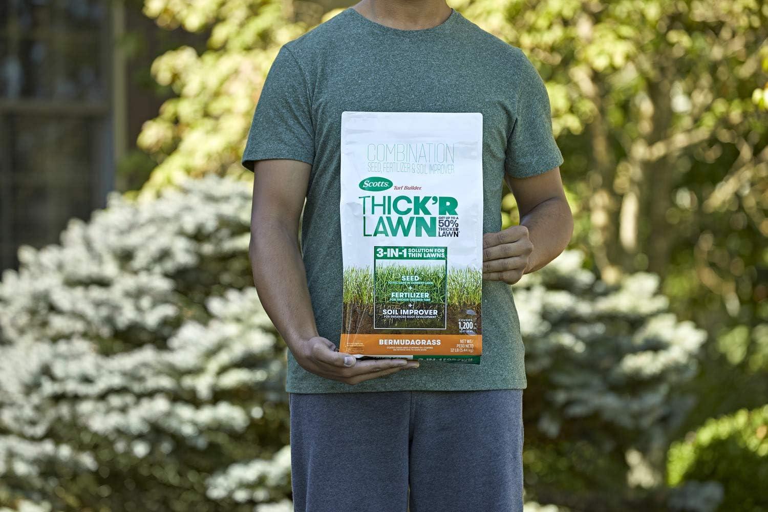 imageScotts Turf Builder THICKR LAWN Grass Seed Fertilizer and Soil Improver for Bermudagrass 1200 sq ft 12 lbs12 lb