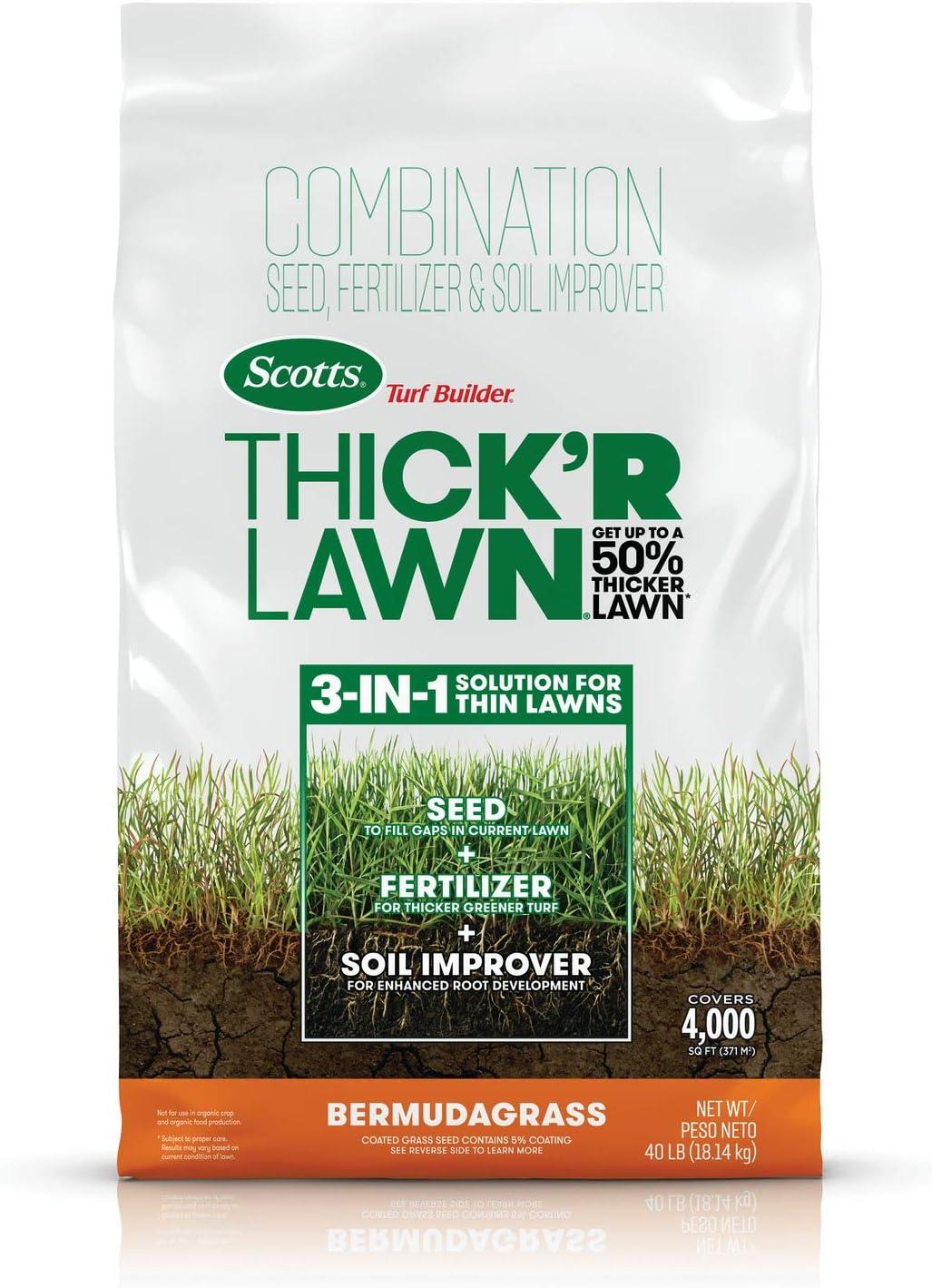 imageScotts Turf Builder THICKR LAWN Grass Seed Fertilizer and Soil Improver for Bermudagrass 1200 sq ft 12 lbs40 lb