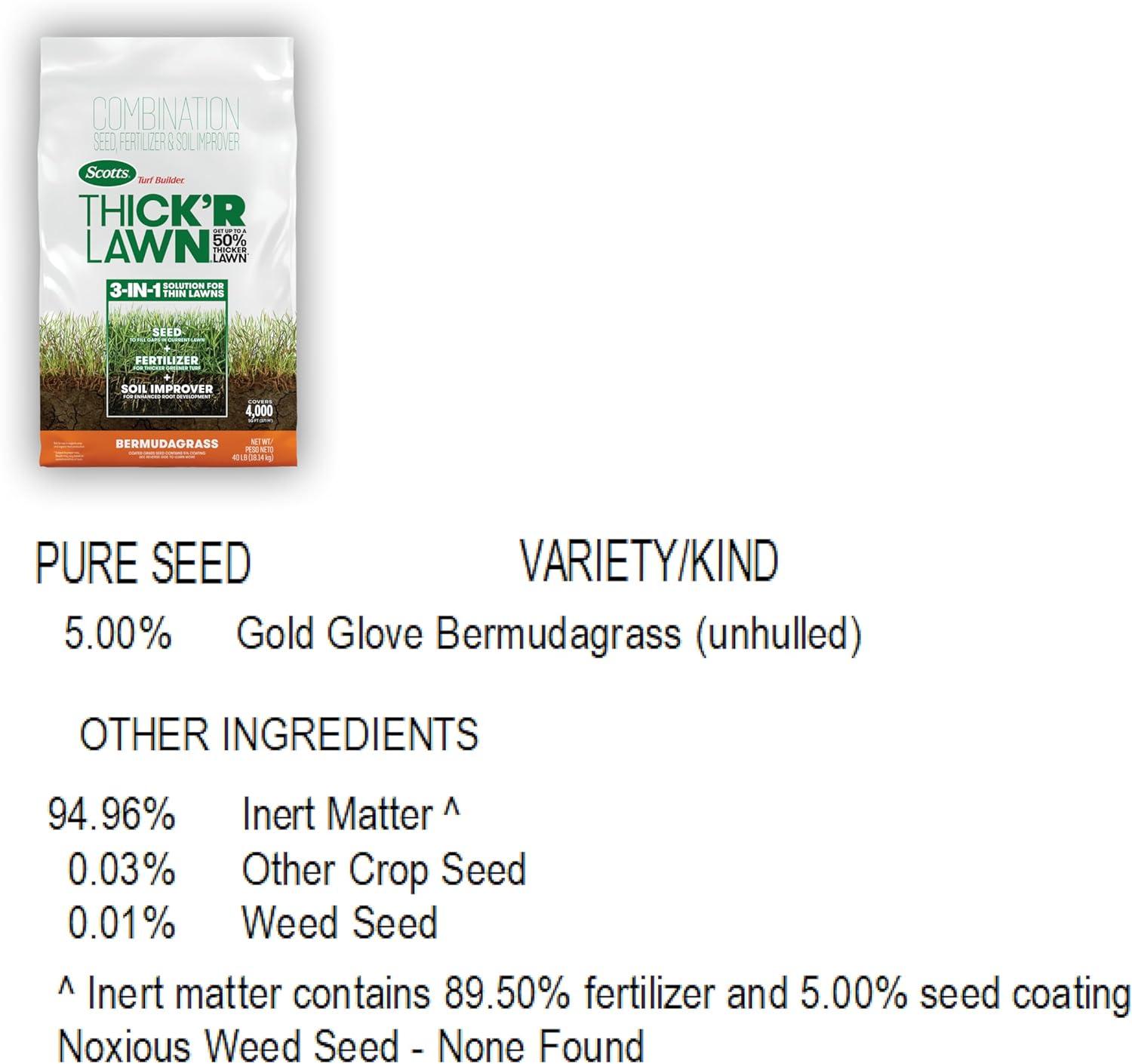 imageScotts Turf Builder THICKR LAWN Grass Seed Fertilizer and Soil Improver for Bermudagrass 1200 sq ft 12 lbs40 lb