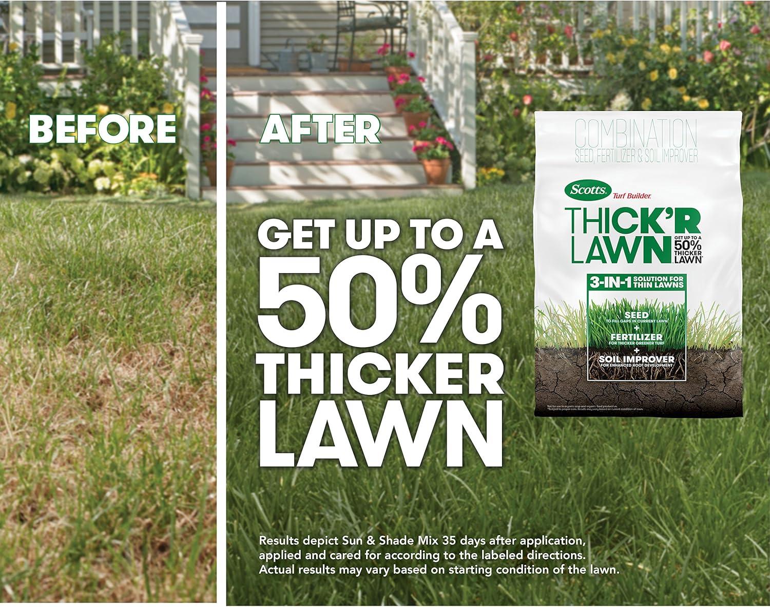 imageScotts Turf Builder THICKR LAWN Grass Seed Fertilizer and Soil Improver for Sun ampamp Shade 1200 sq ft 12 lbsThickR 1 Pack