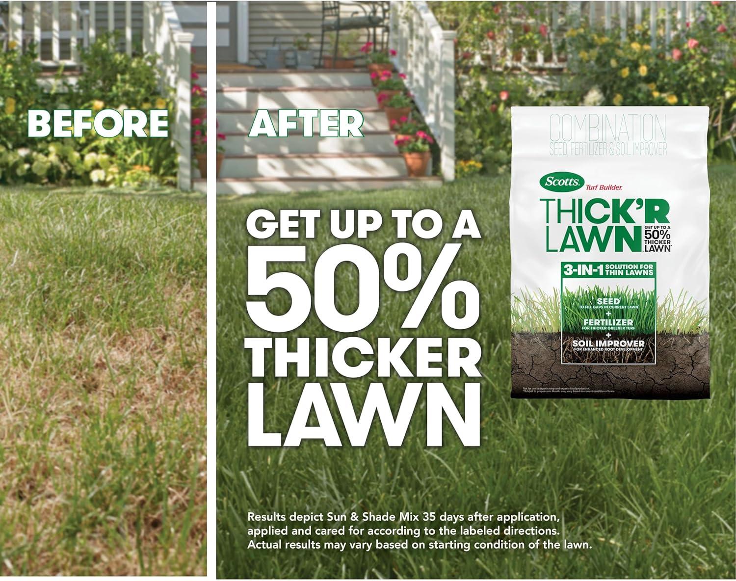 imageScotts Turf Builder THICKR LAWN Grass Seed Fertilizer and Soil Improver for Sun ampamp Shade 1200 sq ft 12 lbsThickR 1 Pack