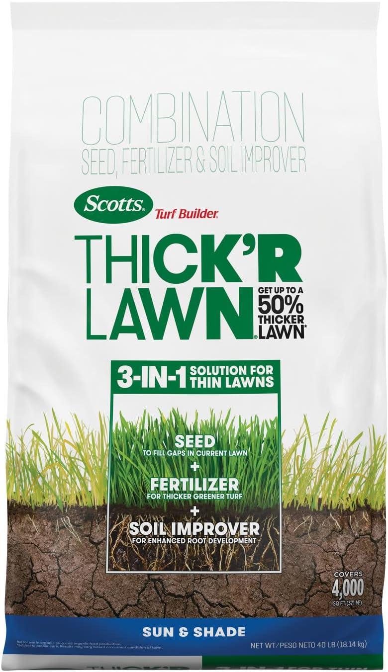 imageScotts Turf Builder THICKR LAWN Grass Seed Fertilizer and Soil Improver for Sun ampamp Shade 1200 sq ft 12 lbsThickR 1 Pack