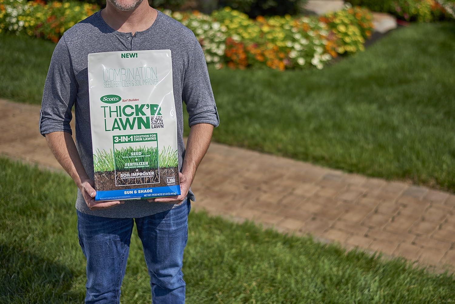 imageScotts Turf Builder THICKR LAWN Grass Seed Fertilizer and Soil Improver for Sun ampamp Shade 1200 sq ft 12 lbsThickR 1 Pack