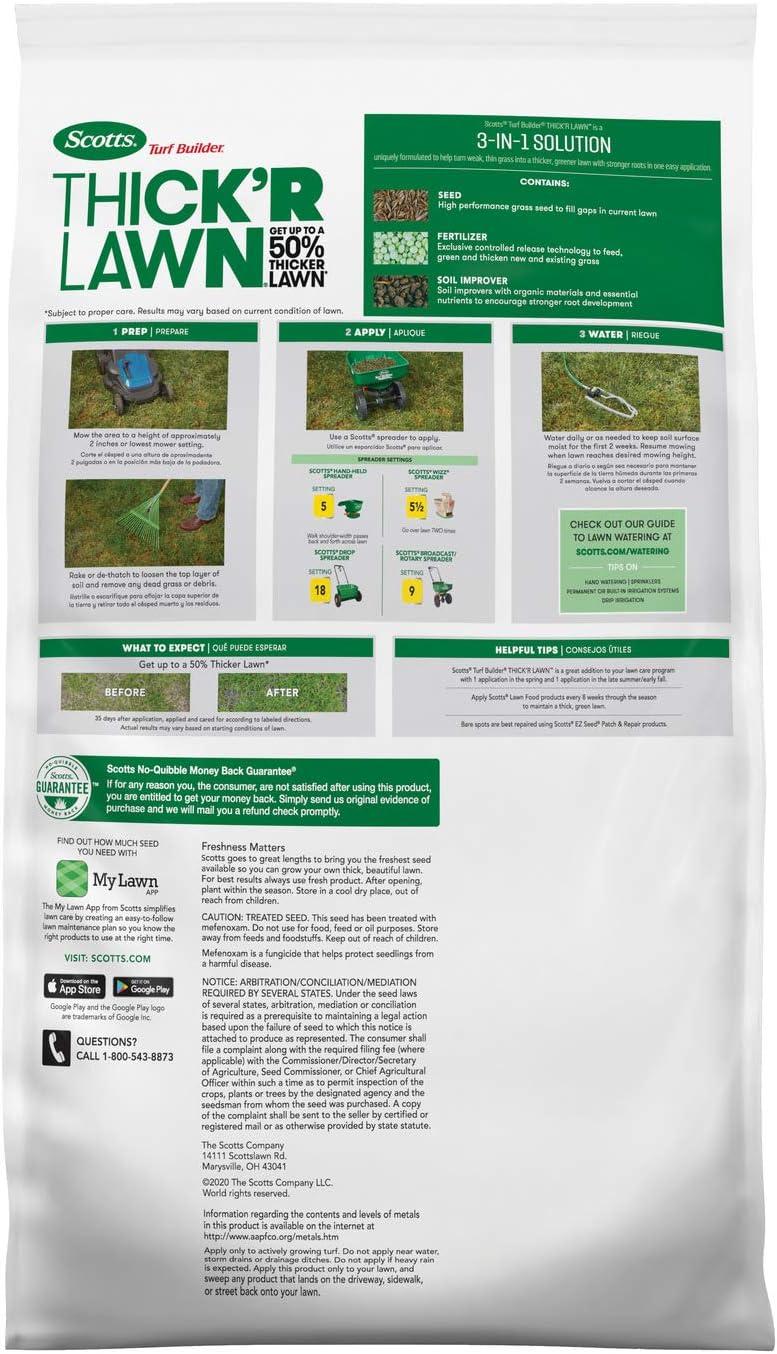 imageScotts Turf Builder THICKR LAWN Grass Seed Fertilizer and Soil Improver for Sun ampamp Shade 1200 sq ft 12 lbsThickR 1 Pack