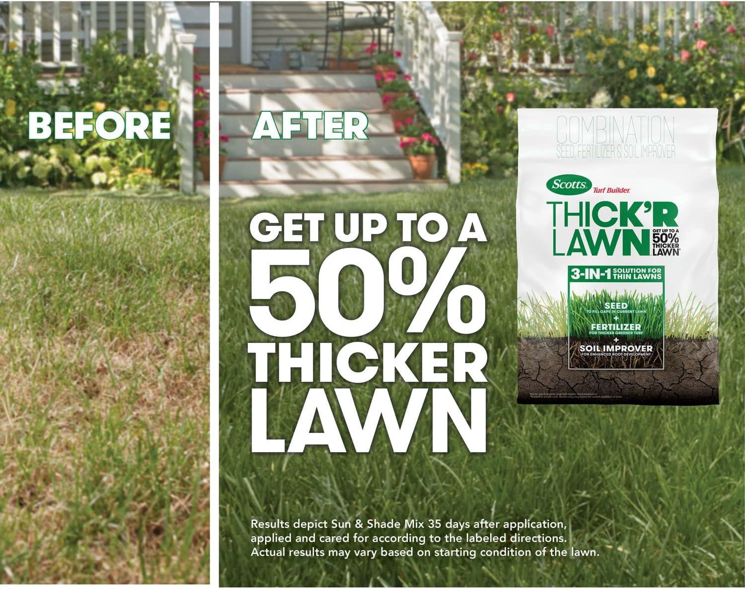 imageScotts Turf Builder THICKR LAWN Grass Seed Fertilizer and Soil Improver for Sun ampamp Shade 1200 sq ft 12 lbsThickR 2 Pack