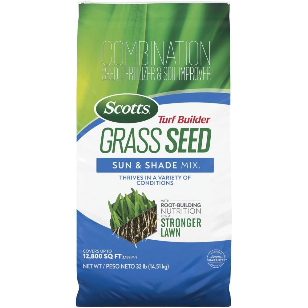 imageScotts Turf Builder Grass Seed Sun ampamp Shade Mix with Fertilizer and Soil Improver Thrives in Many Conditions 32 lbs32 lb