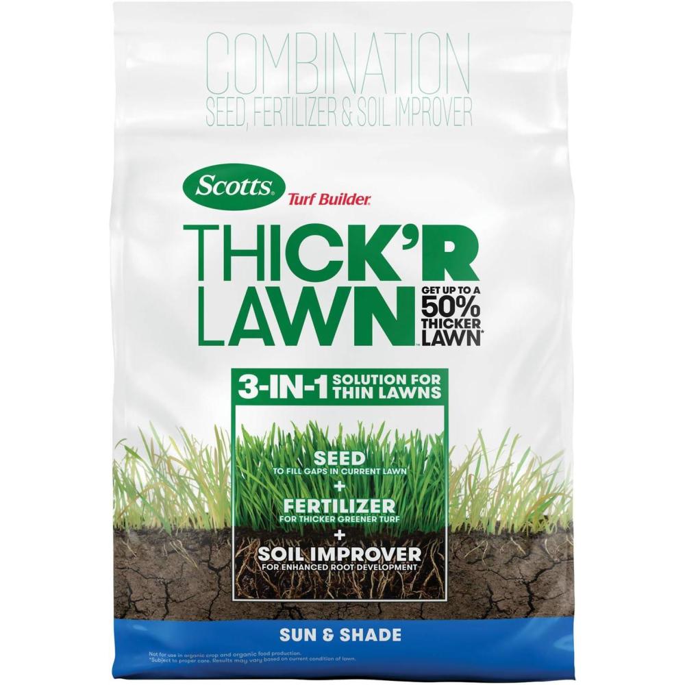 imageScotts Turf Builder THICKR LAWN Grass Seed Fertilizer and Soil Improver for Sun ampamp Shade 1200 sq ft 12 lbsThickR 1 Pack