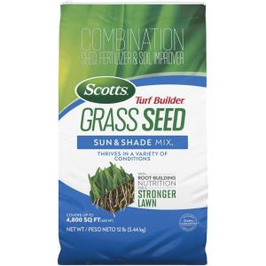 imageScotts Turf Builder Grass Seed Sun ampamp Shade Mix with Fertilizer and Soil Improver Thrives in Many Conditions 32 lbs12 lb
