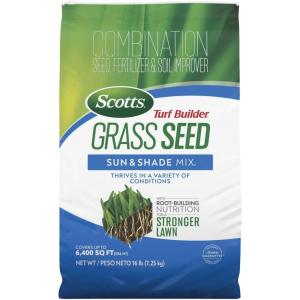 imageScotts Turf Builder Grass Seed Sun ampamp Shade Mix with Fertilizer and Soil Improver Thrives in Many Conditions 32 lbs16 lb