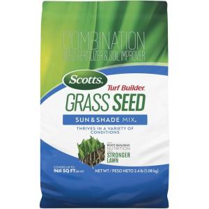 imageScotts Turf Builder Grass Seed Sun ampamp Shade Mix with Fertilizer and Soil Improver Thrives in Many Conditions 32 lbs24 lb