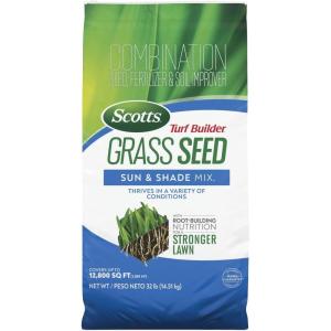 imageScotts Turf Builder Grass Seed Sun ampamp Shade Mix with Fertilizer and Soil Improver Thrives in Many Conditions 32 lbs32 lb