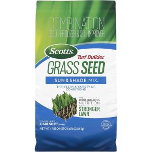 imageScotts Turf Builder Grass Seed Sun ampamp Shade Mix with Fertilizer and Soil Improver Thrives in Many Conditions 32 lbs56 lb
